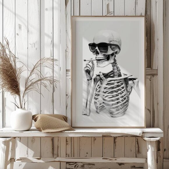 8.5x11 Skeleton Smoking Poster, Gothic Minimalist Wall Art, Black & White - Picture 3 of 5